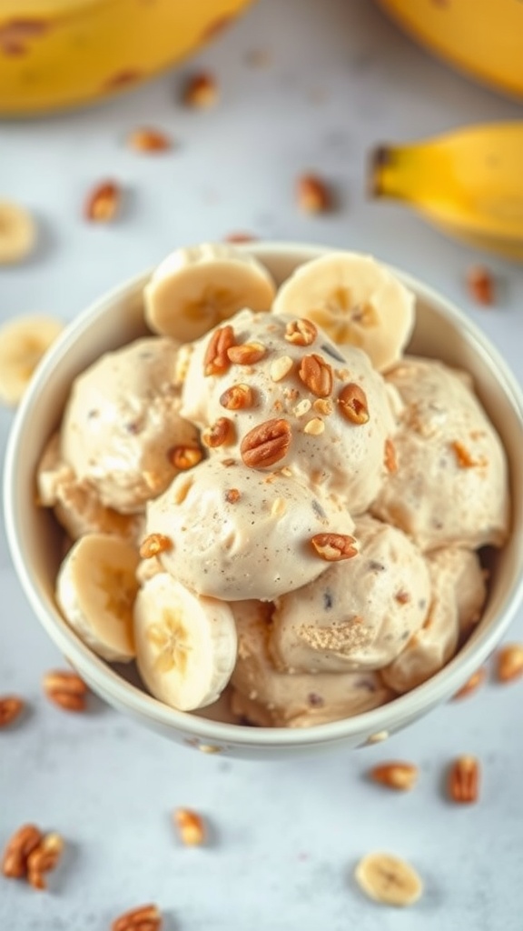 A bowl of peanut butter banana ice cream topped with banana slices and nuts.