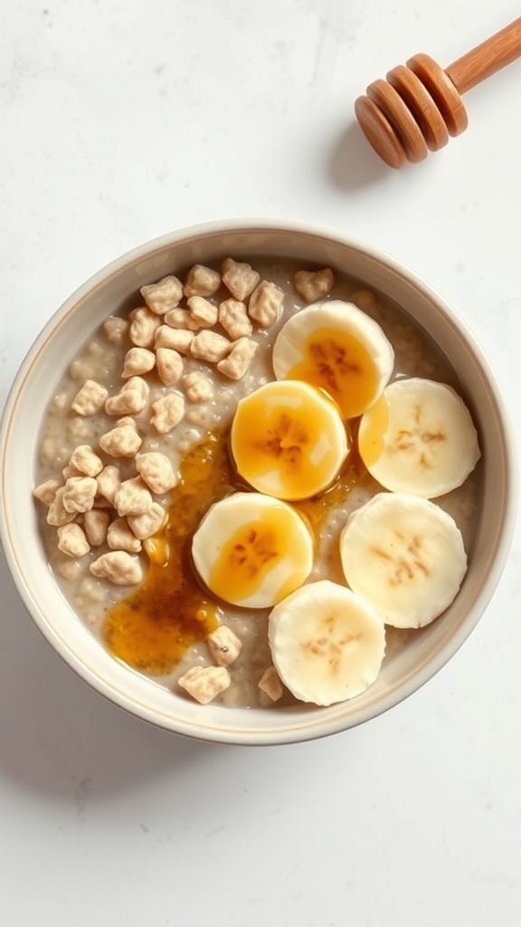 A bowl of peanut butter banana oatmeal topped with banana slices, honey, and crunchy bits.
