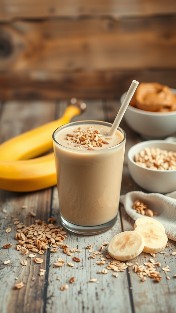 A glass of peanut butter banana oatmeal smoothie garnished with oats, surrounded by bananas and peanut butter.