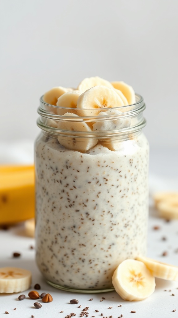 A jar of peanut butter banana overnight oats topped with sliced bananas and nuts.