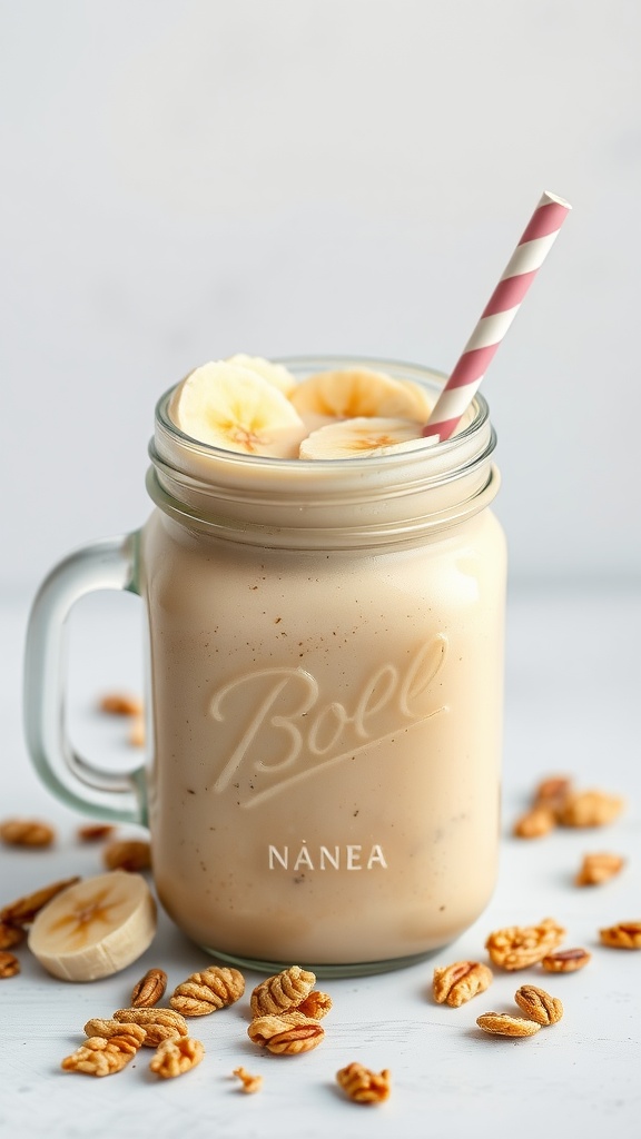 A refreshing Peanut Butter Banana Protein Smoothie served in a mason jar with banana slices on top.