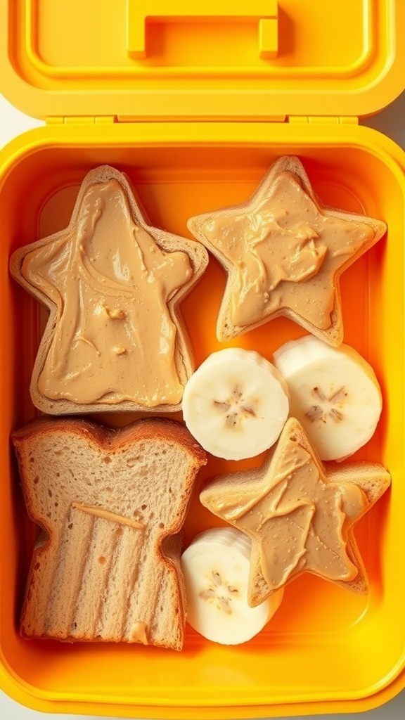 Peanut butter banana sandwiches in a colorful lunchbox.