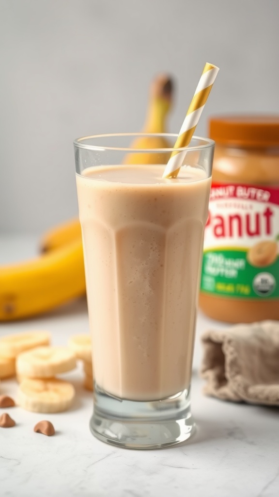 A refreshing peanut butter banana smoothie in a glass with a straw, surrounded by bananas and peanut butter.