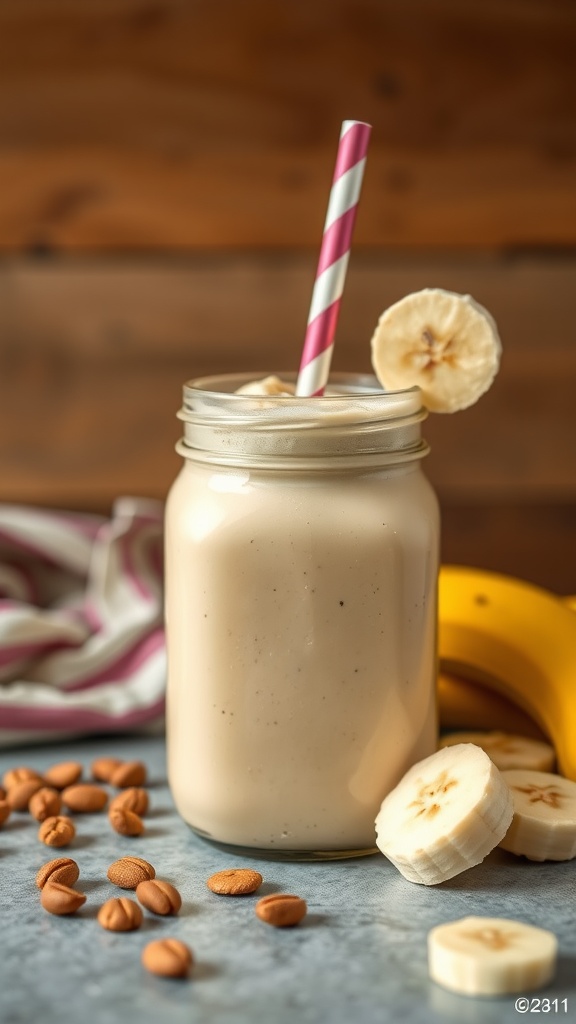 A mason jar filled with a creamy peanut butter banana smoothie, topped with a straw.