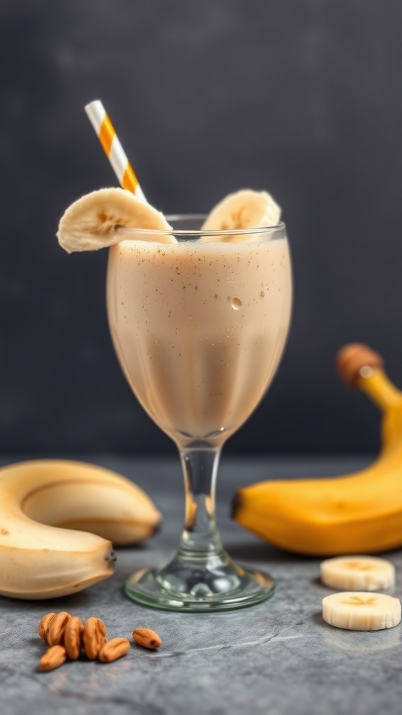 A delicious peanut butter banana smoothie in a glass with banana slices and a straw, surrounded by fresh bananas and nuts.