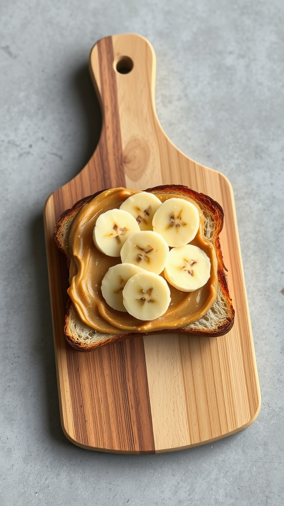 A slice of toast topped with peanut butter and banana slices on a wooden cutting board.