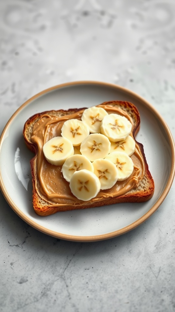 A slice of toast topped with peanut butter and banana slices.