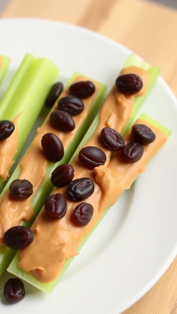 Celery sticks topped with peanut butter and chocolate-covered espresso beans on a plate.