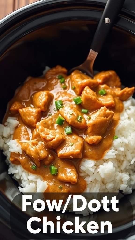 A bowl of peanut butter chicken served over rice, garnished with green onions.