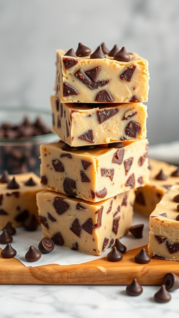 Delicious peanut butter chocolate chip fudge stacked on a wooden board