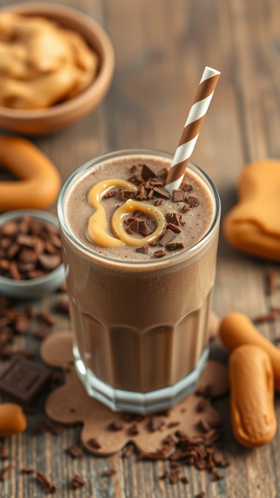 A creamy peanut butter chocolate smoothie topped with chocolate shavings and a drizzle of peanut butter, served in a glass.