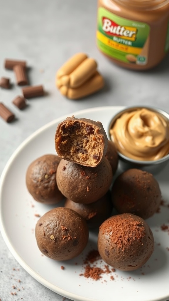 A plate of peanut butter chocolate energy bites with a jar of peanut butter.