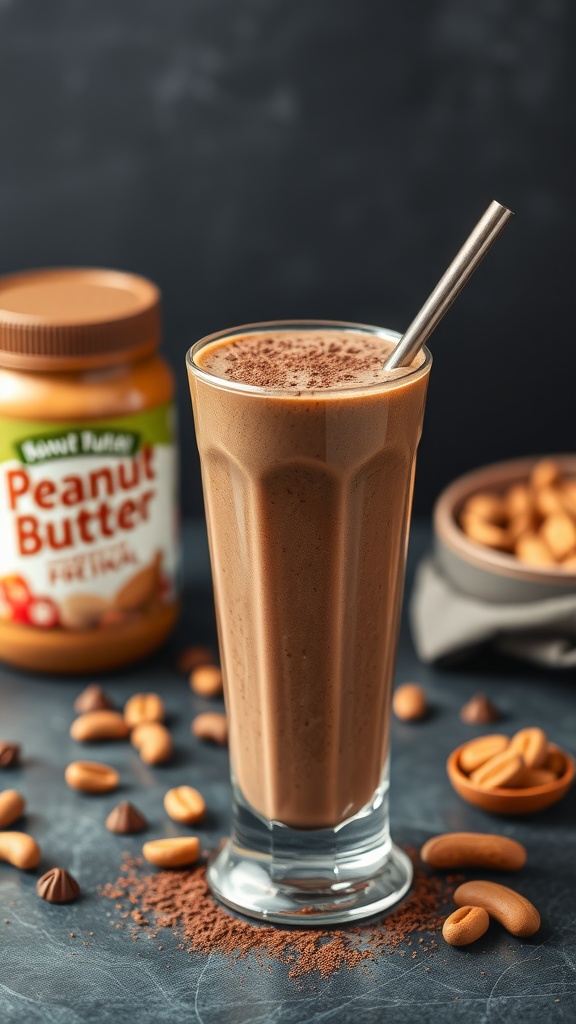 A creamy peanut butter chocolate smoothie garnished with a straw, showcasing a rich, chocolatey texture.
