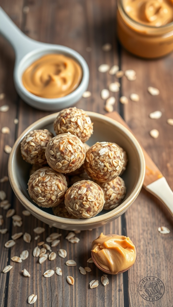 Bowl of peanut butter energy balls on a wooden surface