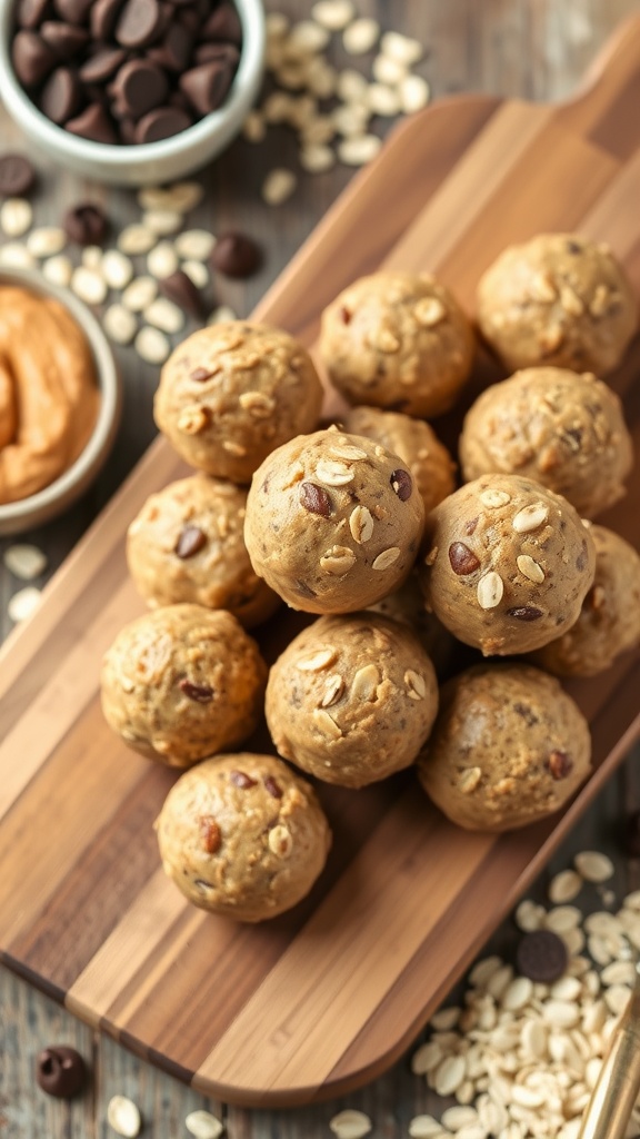 A close-up of peanut butter energy balls on a wooden board, with oats and chocolate chips scattered around.