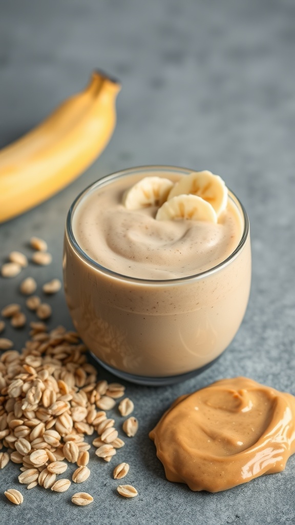 A creamy peanut butter oatmeal energy shake garnished with banana slices, surrounded by oats and peanut butter.