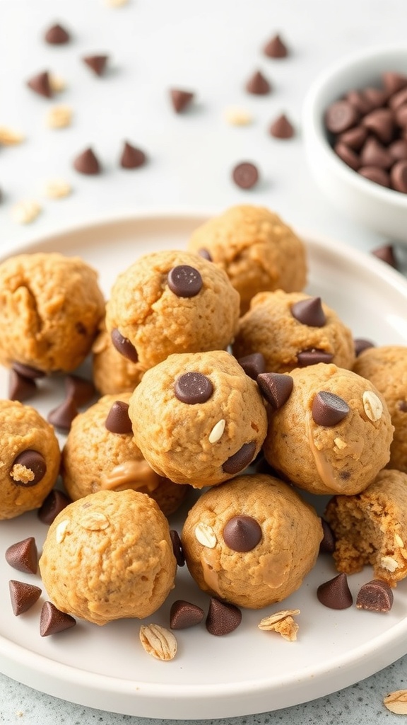 A plate of peanut butter protein balls coated in shredded coconut.