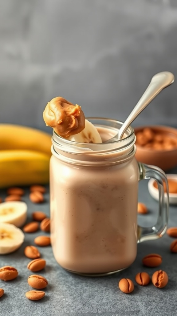 Peanut Butter Protein Shake in a jar with a banana and peanut butter