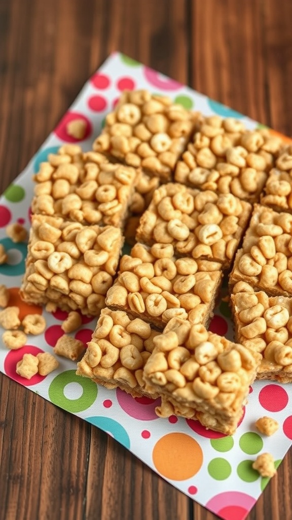 Delicious Peanut Butter Rice Crispy Treats cut into squares and arranged on a colorful platter.