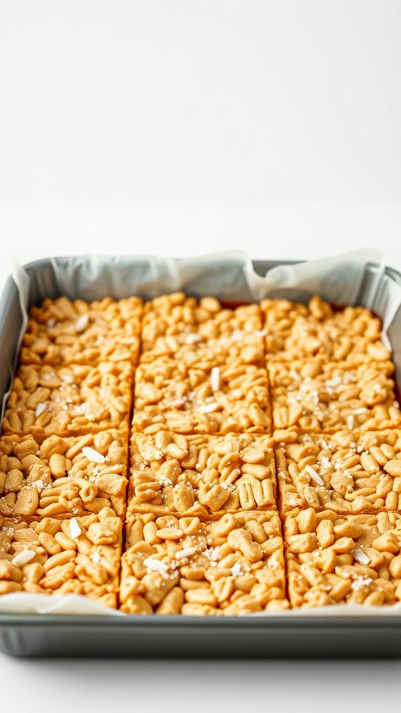 A square pan filled with evenly cut peanut butter rice crispy treats.