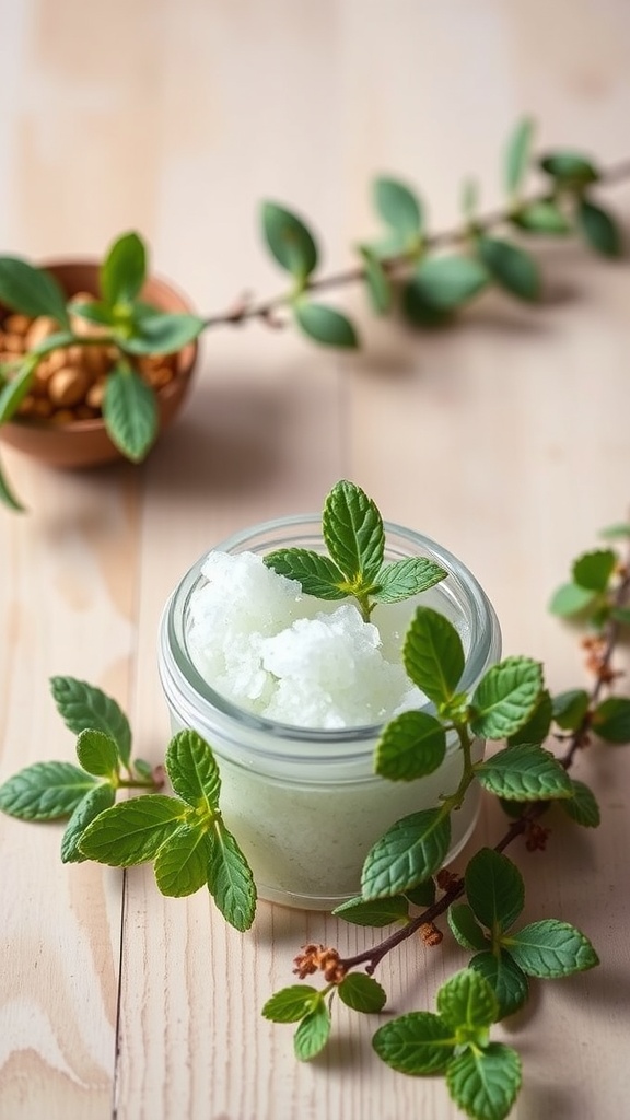A jar of peppermint and eucalyptus foot scrub surrounded by fresh mint leaves on a wooden surface.