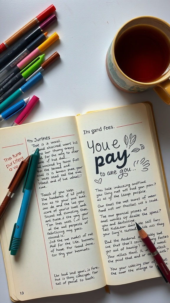 A cozy journaling setup with colorful pens, an open journal, and a cup of tea.