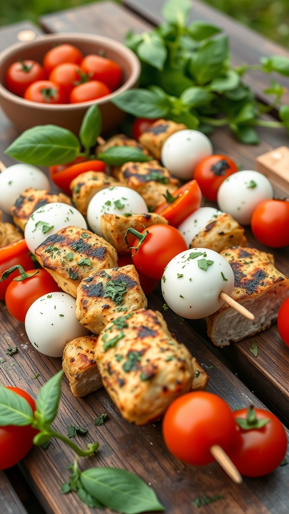 Pesto Chicken Caprese Skewers with tomatoes and mozzarella on a wooden surface.