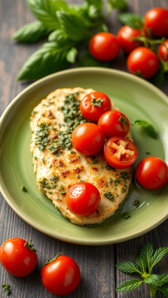 Pesto chicken breast topped with cherry tomatoes on a green plate, surrounded by fresh basil and cherry tomatoes.