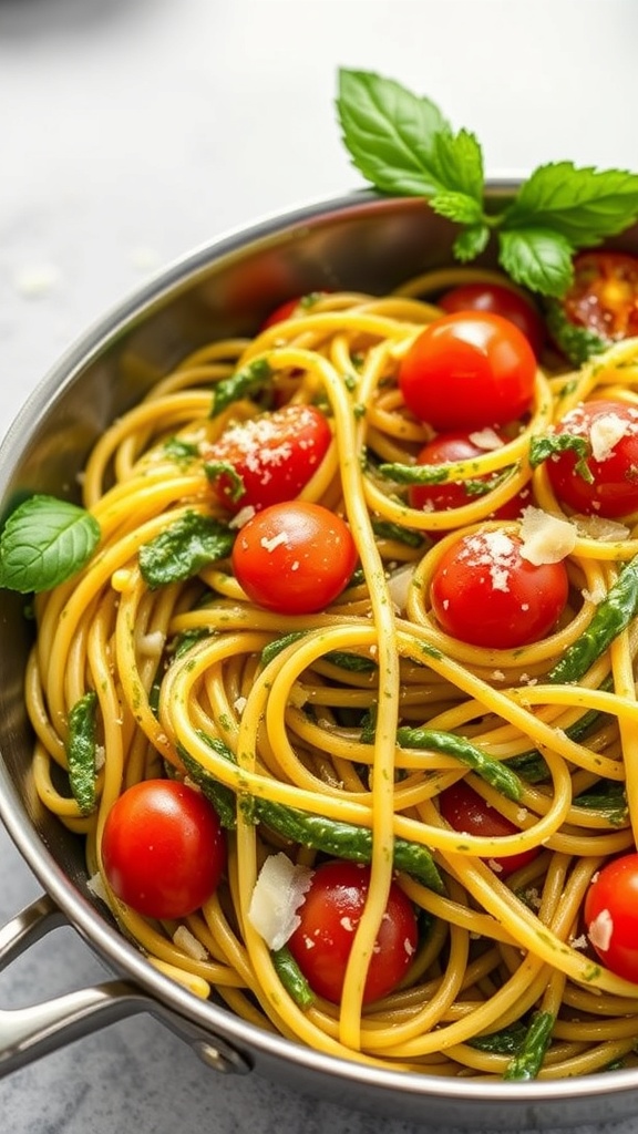 A bowl of pesto pasta with cherry tomatoes and fresh basil leaves.