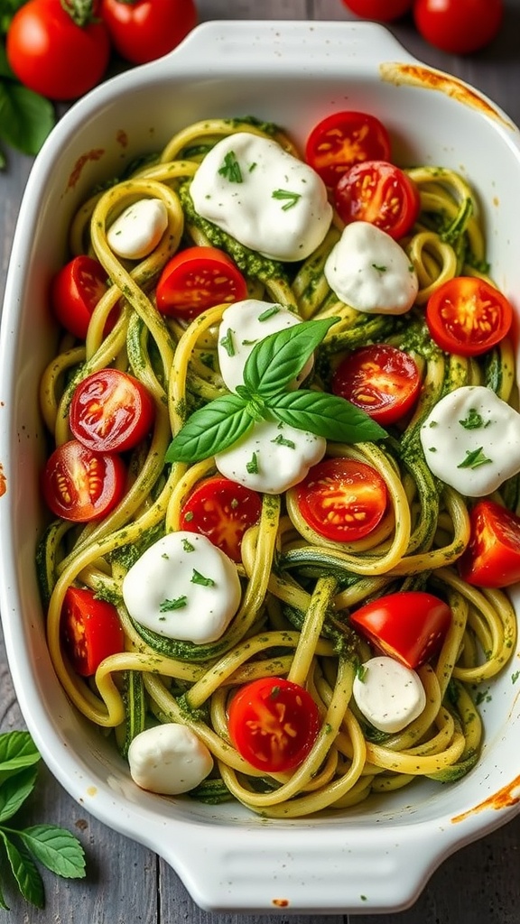 A delicious Pesto Zoodle Bake with zucchini noodles, cherry tomatoes, and mozzarella in a baking dish.