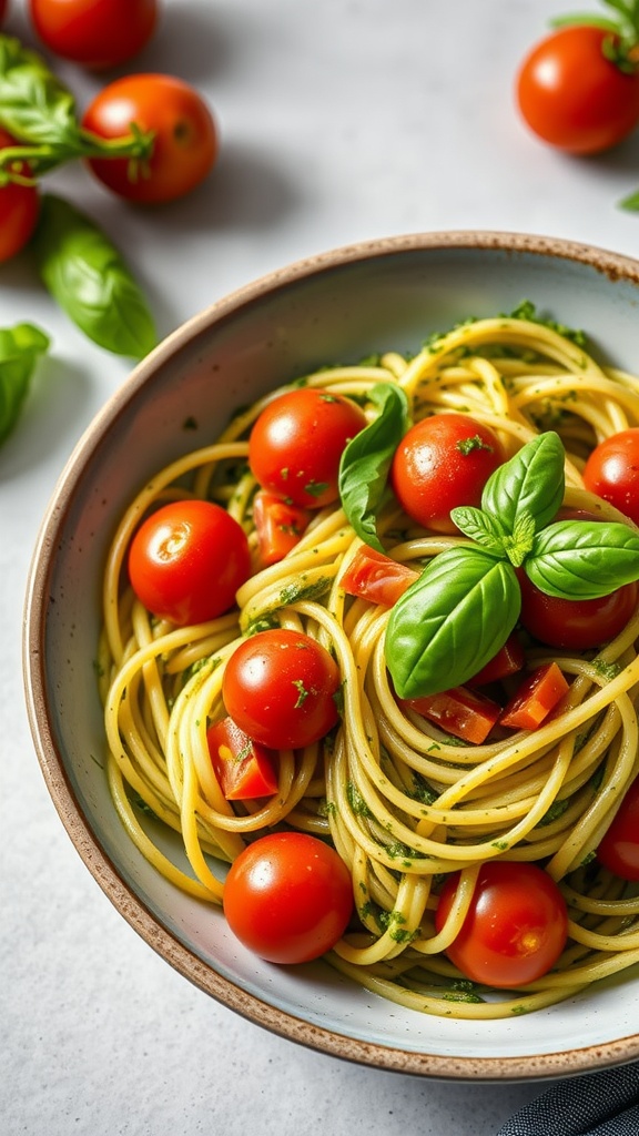 A bowl of pesto zoodle with cherry tomatoes and basil