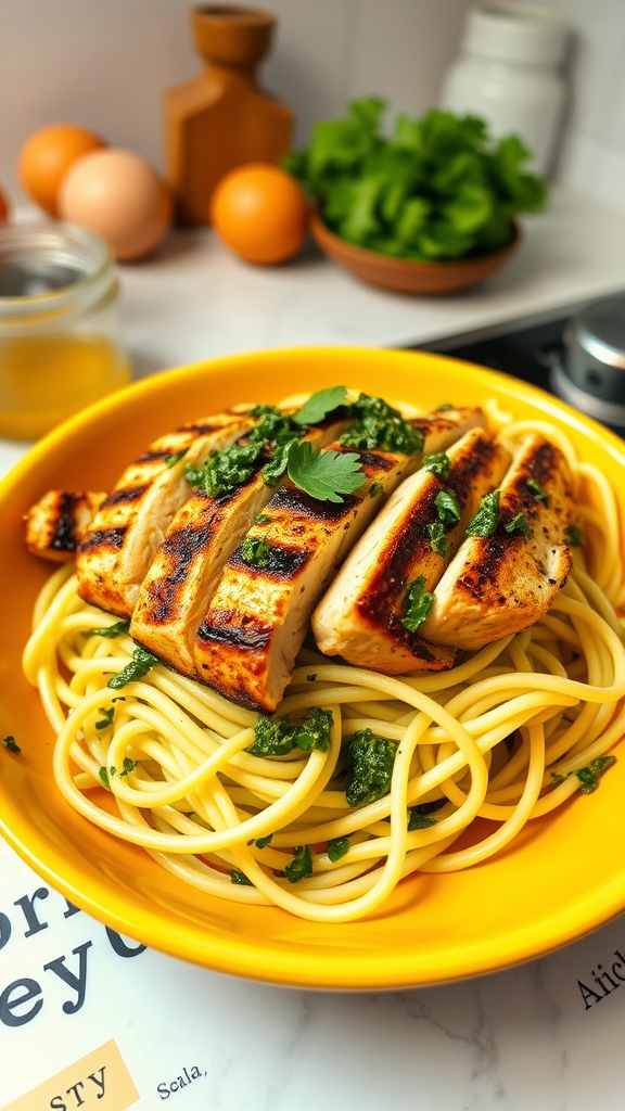 A delicious Pesto Zoodle Bowl featuring grilled chicken, zoodles, and vibrant green pesto.