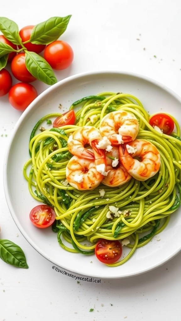 A vibrant Pesto Zoodle Salad topped with grilled shrimp, cherry tomatoes, and fresh basil.