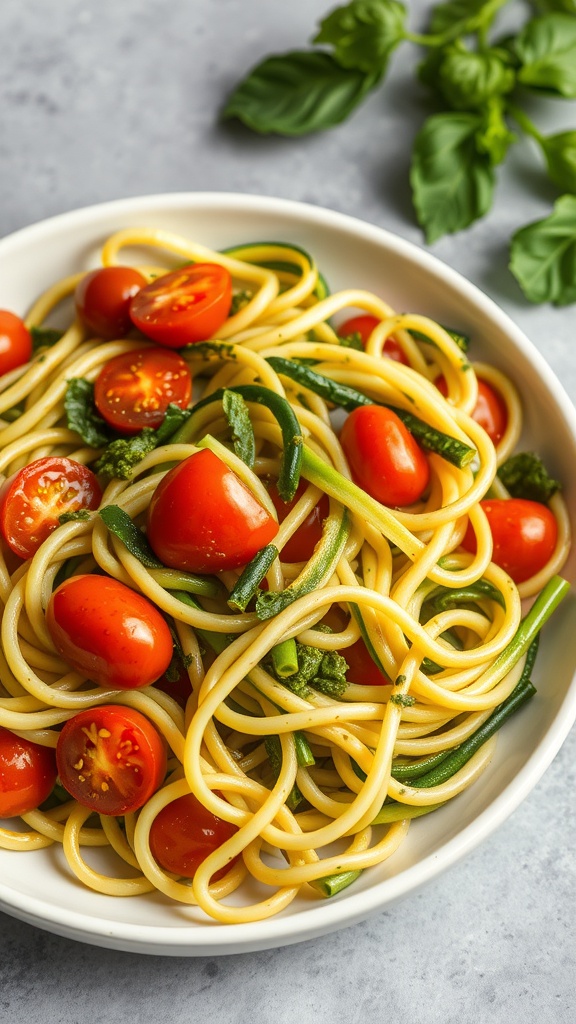 A bowl of Pesto Zoodle Stir-Fry with cherry tomatoes and fresh basil.