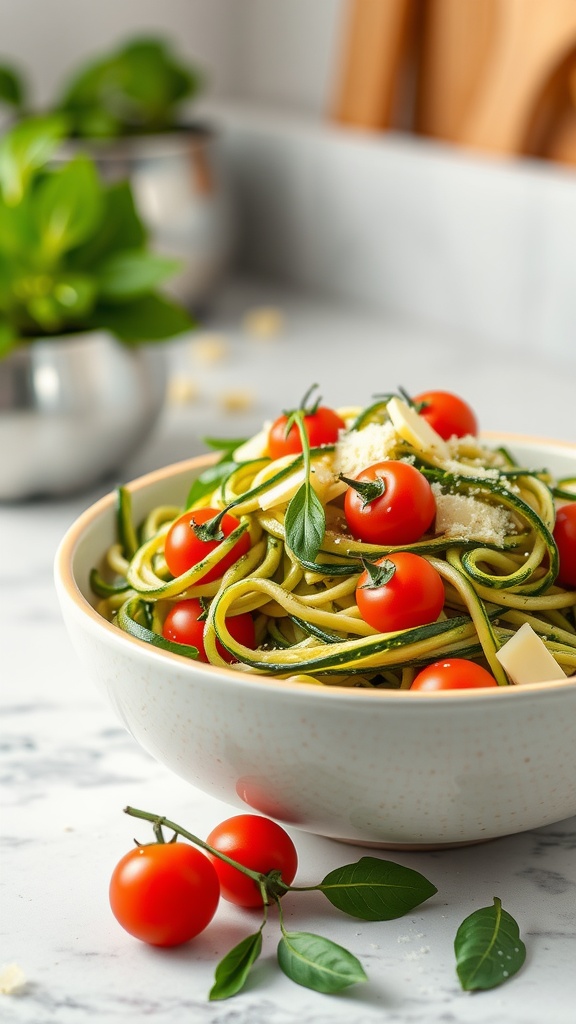 A bowl of pesto zoodles topped with cherry tomatoes and Parmesan cheese.
