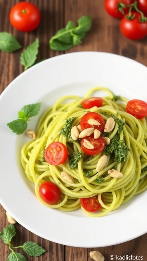 A plate of pesto zoodles topped with cherry tomatoes and pine nuts.
