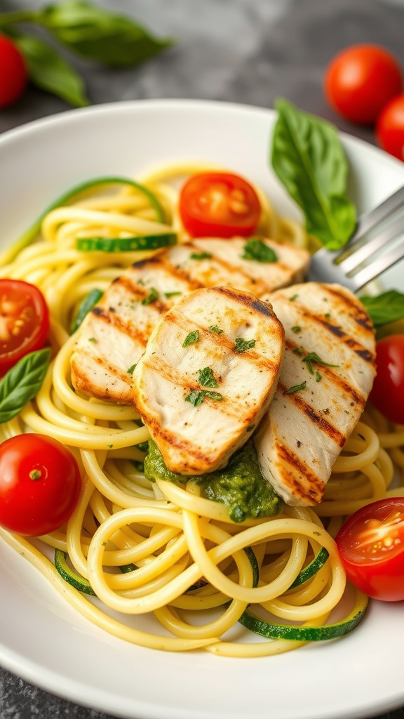 A plate of Pesto Zoodles with Grilled Chicken, featuring zucchini noodles, grilled chicken slices, cherry tomatoes, and fresh basil.
