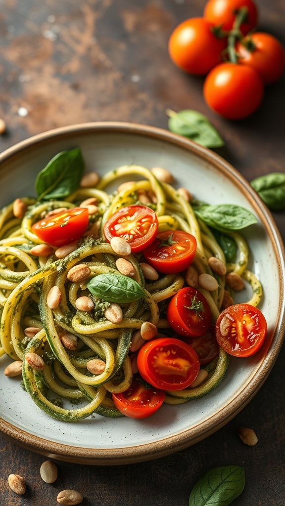 A bowl of pesto zucchini noodles topped with cherry tomatoes and nuts.