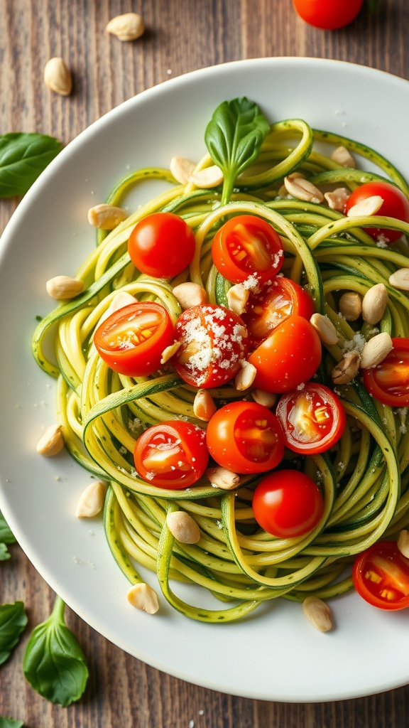 A plate of pesto zucchini noodles topped with cherry tomatoes and pine nuts