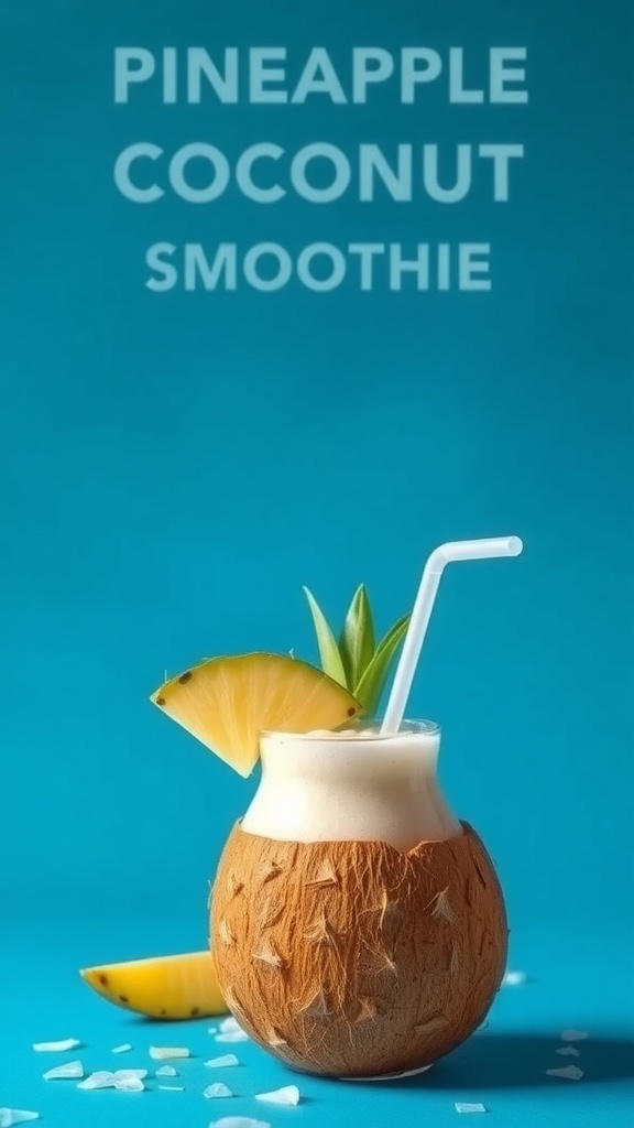 A refreshing pineapple coconut smoothie served in a coconut shell