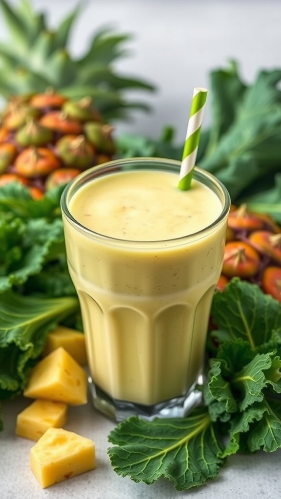 A refreshing green smoothie made with pineapple and kale, served in a clear glass with a straw.