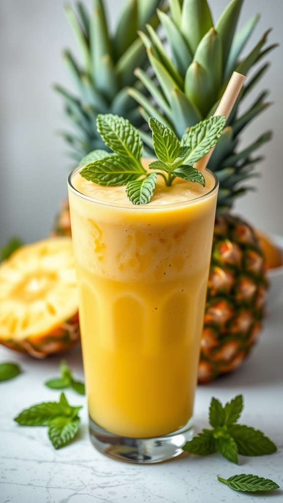 A refreshing pineapple mint smoothie in a glass garnished with mint leaves.