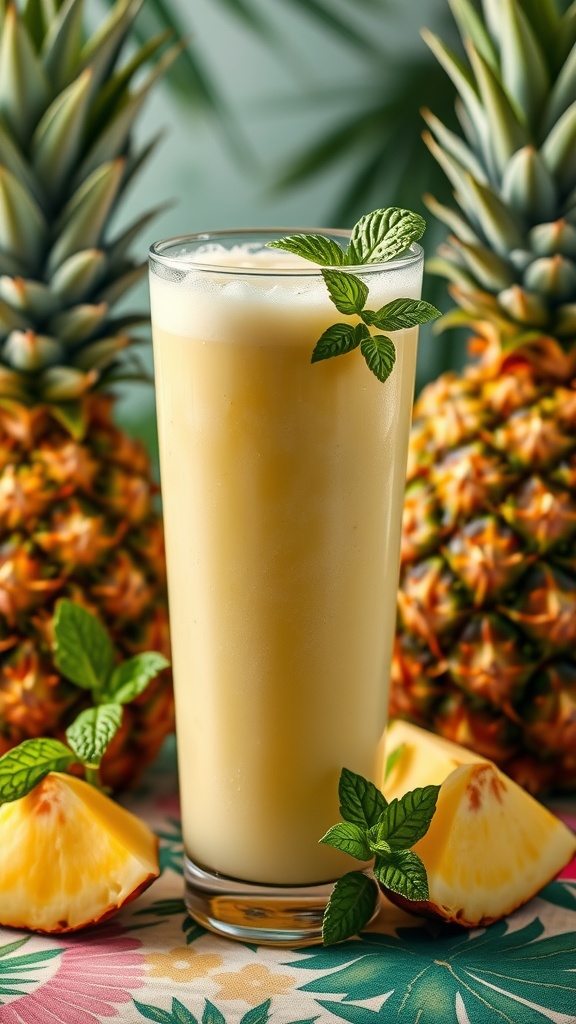 A tall glass of pineapple mint smoothie garnished with mint leaves, surrounded by fresh pineapples.