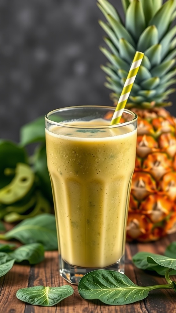 A refreshing pineapple spinach smoothie in a glass with a straw, surrounded by fresh spinach and pineapple.