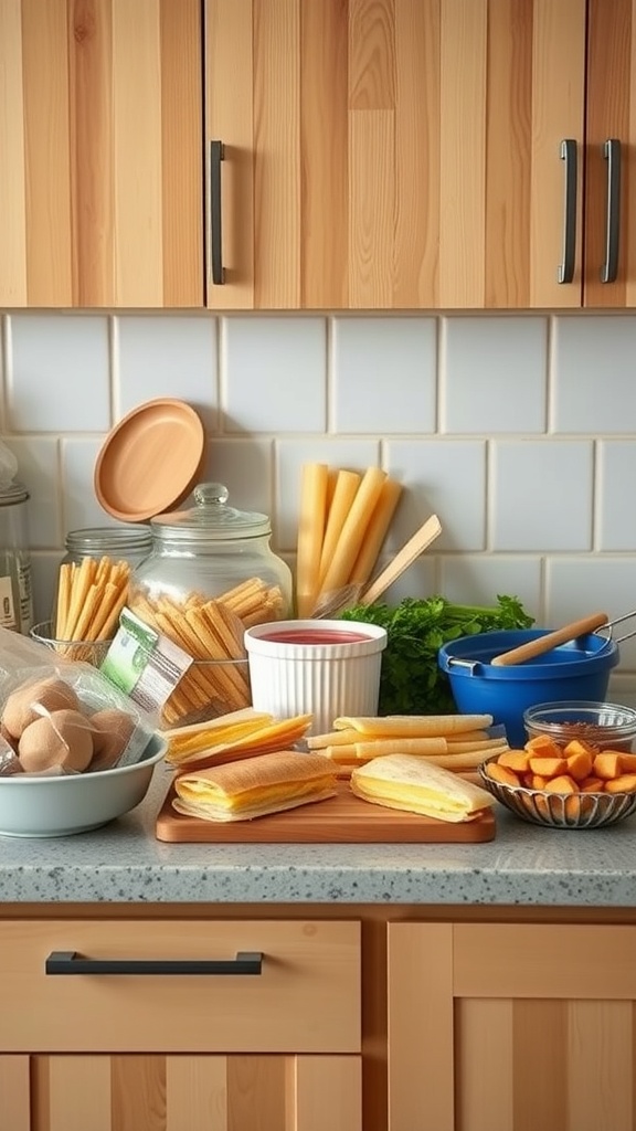 A kitchen counter filled with various ingredients like pasta, eggs, and fresh vegetables, ideal for meal planning.