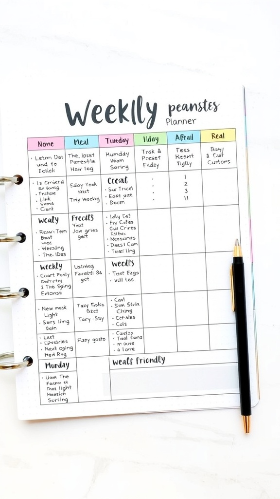 A weekly meal planner with various meal ideas and a pen.