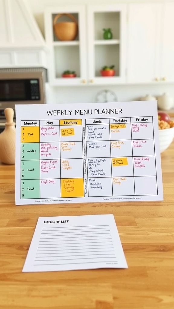 A colorful weekly menu planner on a kitchen counter with a grocery list pad.