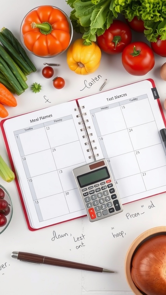 A colorful assortment of vegetables, a meal planner, and a calculator on a table