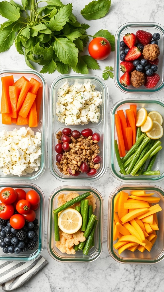 Colorful meal prep containers filled with fresh fruits, vegetables, and protein options.