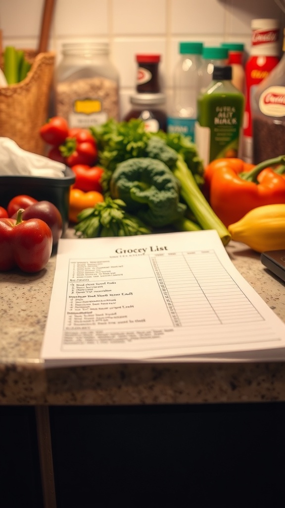 A grocery list on a countertop surrounded by fresh vegetables and pantry items.